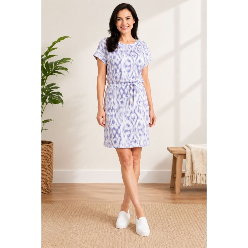 Hilary Radley Purple White Abstract Print Drawstring Summer Dress Medium Casual